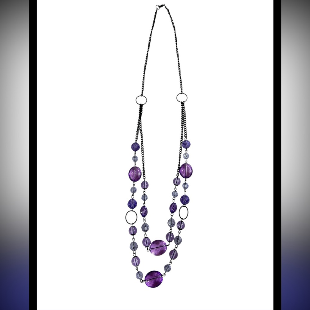 Whimsigoth Double Strand Purple Crystal Statement‎ Necklace - Gunmetal Chain